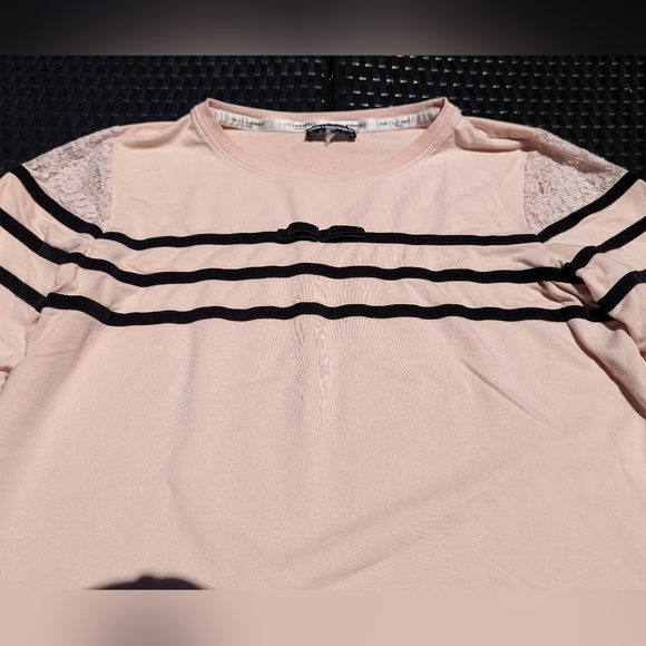 Karl Lagerfeld Women's Size Large Pink Sweater with Black Stripes and Bow - Picture 2 of 6